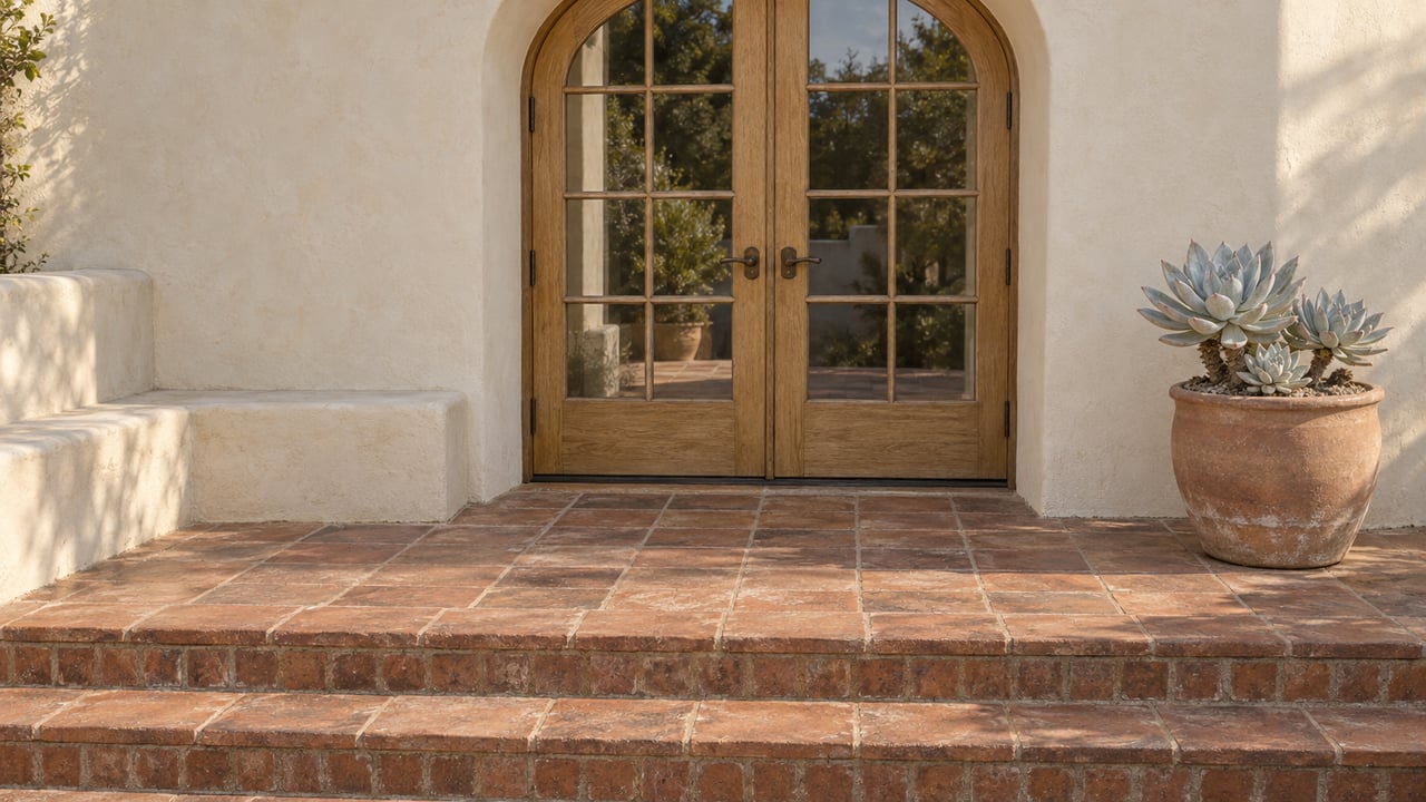 Sun-worn terracotta steps lead to paired arched oak-and-glass doors in an ivory stucco home, with a masonry bench and one potted chalky succulent.