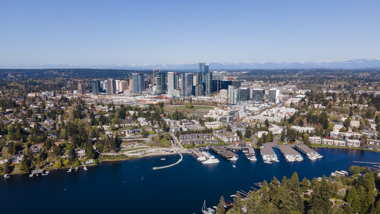 Downtown Bellevue Washington in summer with walkable streets, greenery, and skyline views.