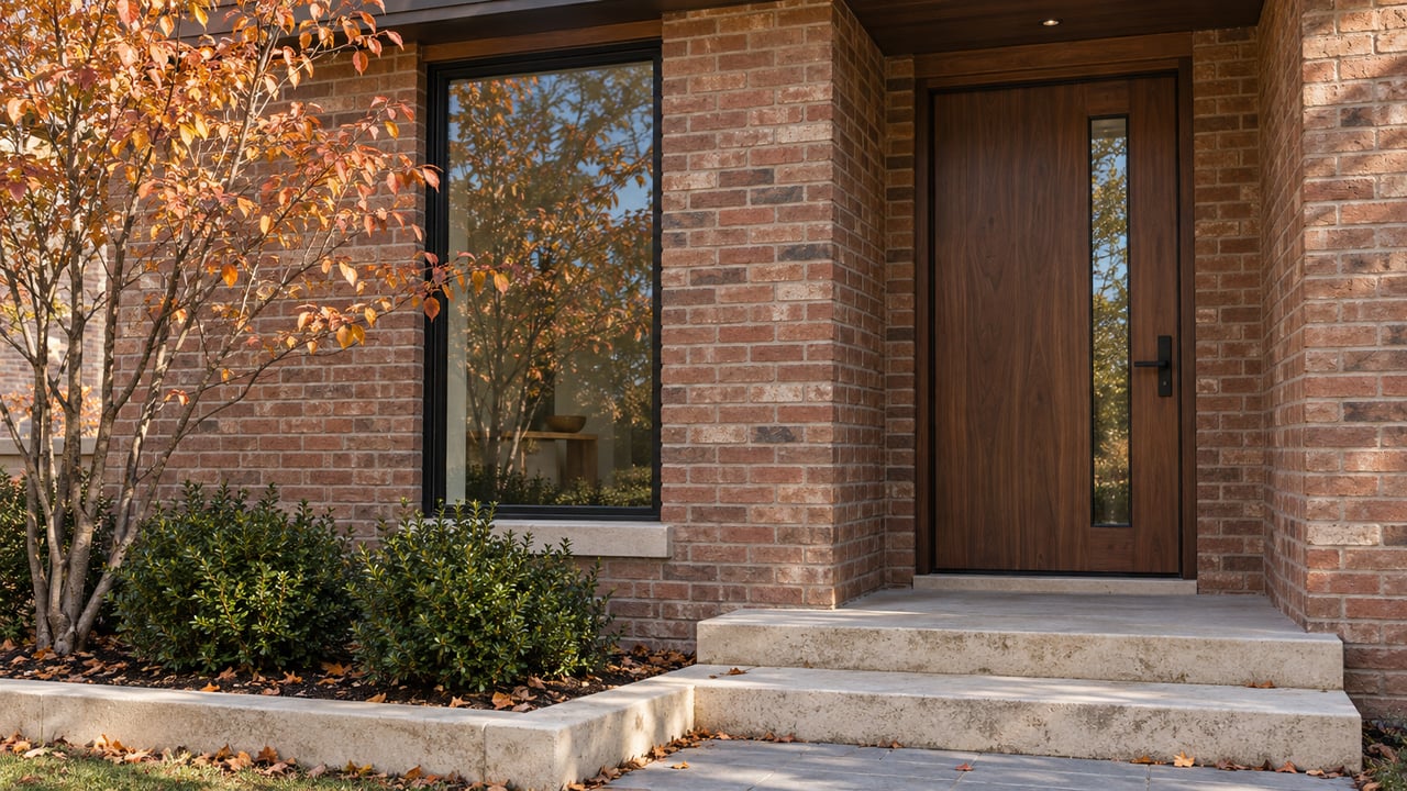 Brick house entrance with a recessed walnut door, tall black-framed window, limestone steps, and autumn serviceberry.