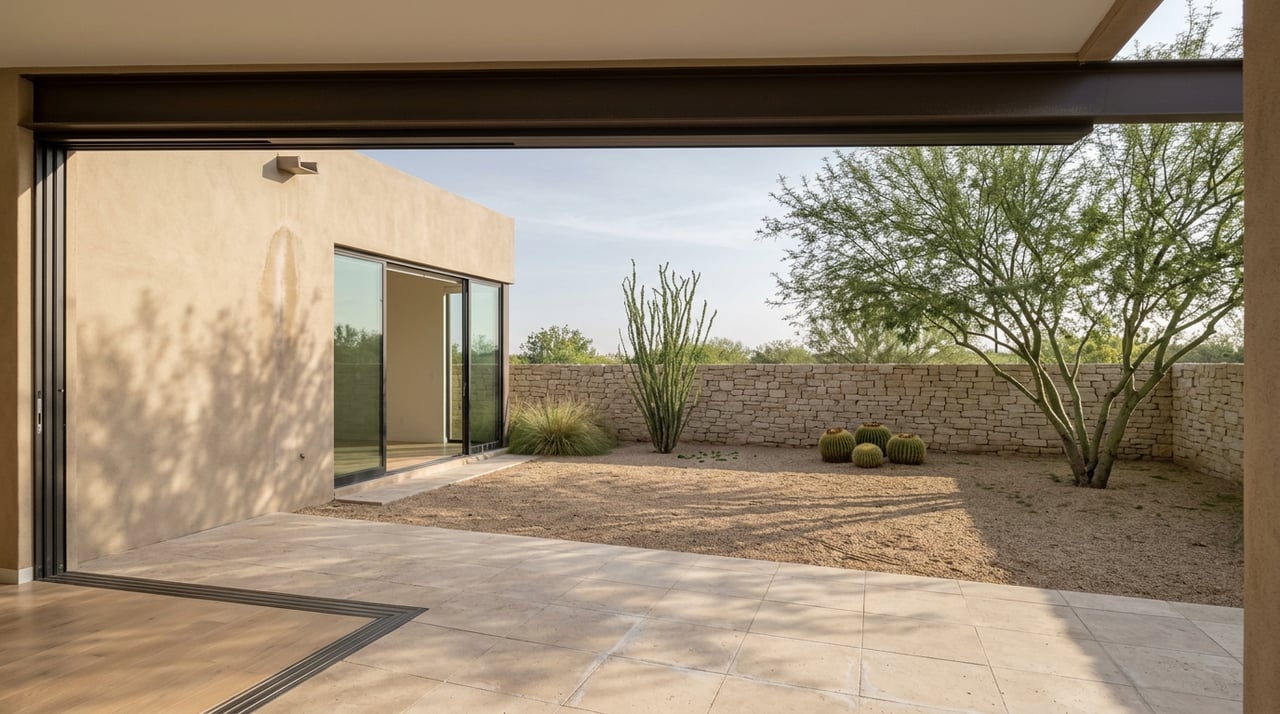 Open glass panels frame a travertine loggia and gravel yard with an ocotillo, barrel cacti, and a palo verde tree.
