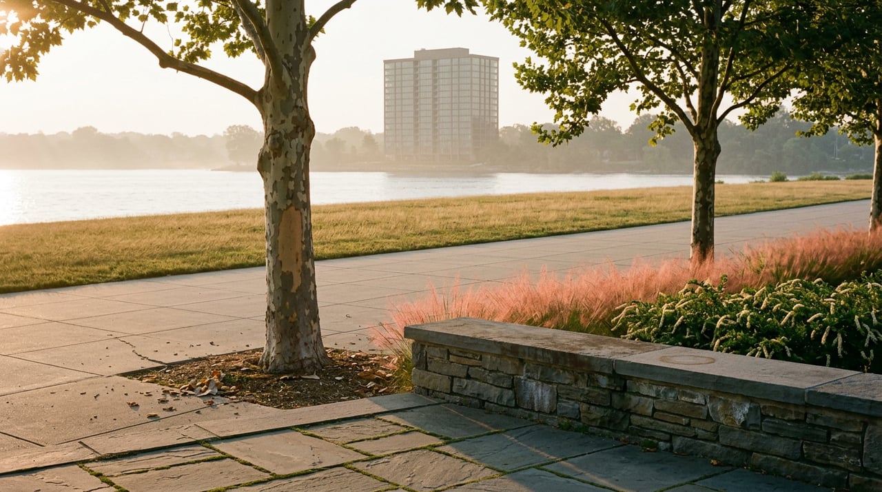 Stone terrace overlooking a paved promenade, grassy slope, distant water, sycamore trees, and a glass tower.