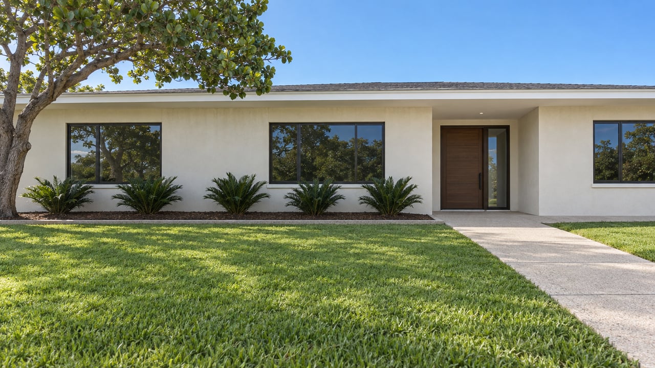 A single-story ivory stucco home with dark-framed windows, a broad front lawn, shell-aggregate entry walk and a sculptural sea grape tree in bright natural light.