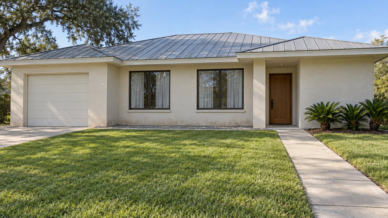 A single-story cream stucco home with a pale metal roof, dark-framed windows and a deep green front lawn beneath a spreading live oak.