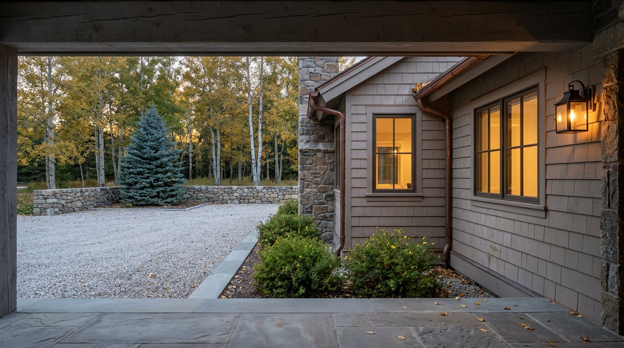 Stone porch overlooks gravel court, blue spruce, golden aspens, and warmly lit windows.