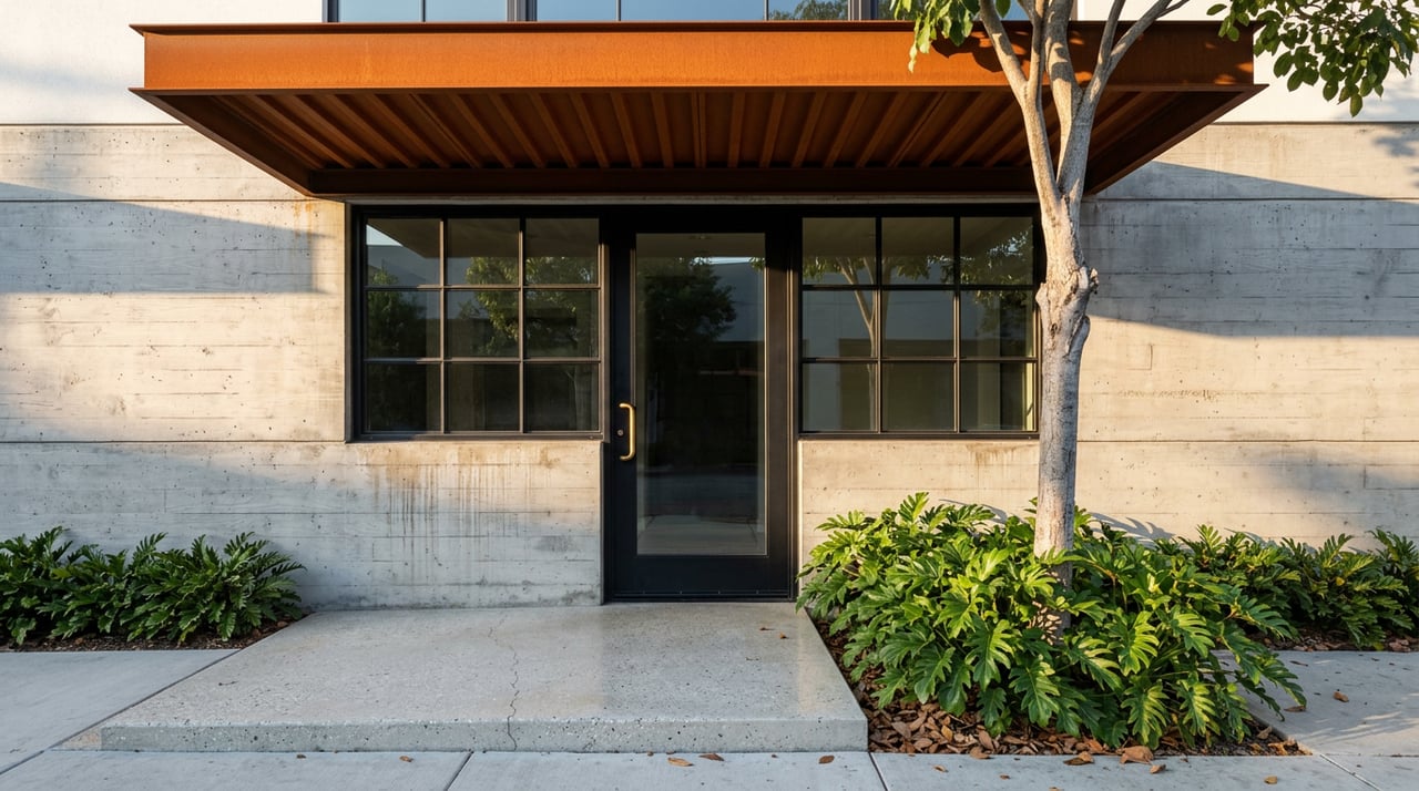 Condominium entry with a rust-orange steel canopy, board-formed concrete wall, glazed door, and silver-grey tree.
