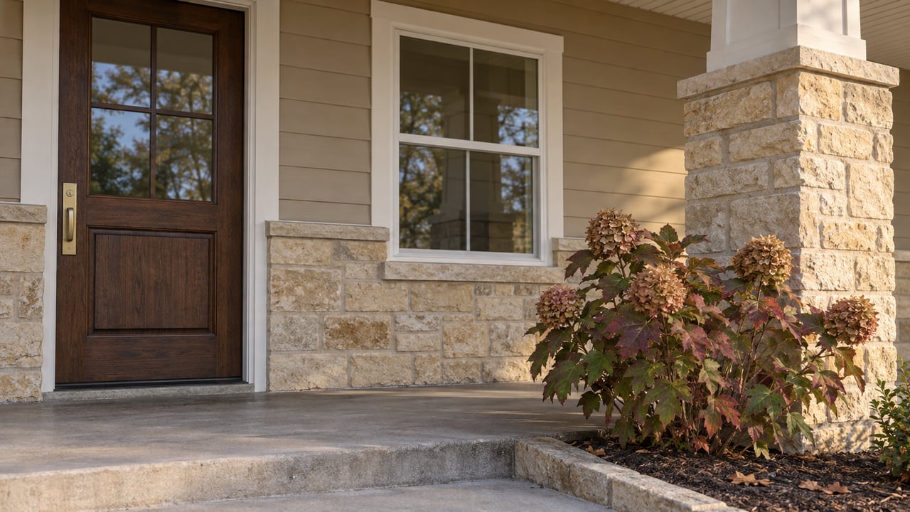 Afternoon light across a sheltered oak front door, limestone porch support and oakleaf hydrangea with autumn leaves.