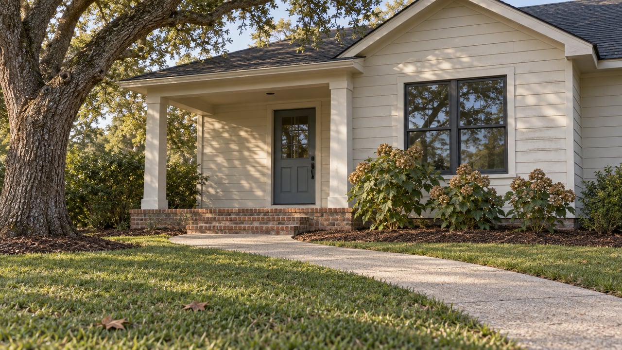 Low view across a broad lawn toward a pale-sided home with a covered porch, blue-gray door, brick steps and mature oak canopy.
