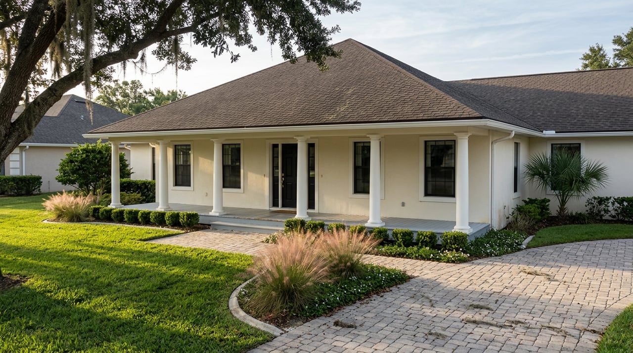 Ivory stucco home with a covered porch, live oak canopy, pink-tan grasses, and a curving paver driveway.
