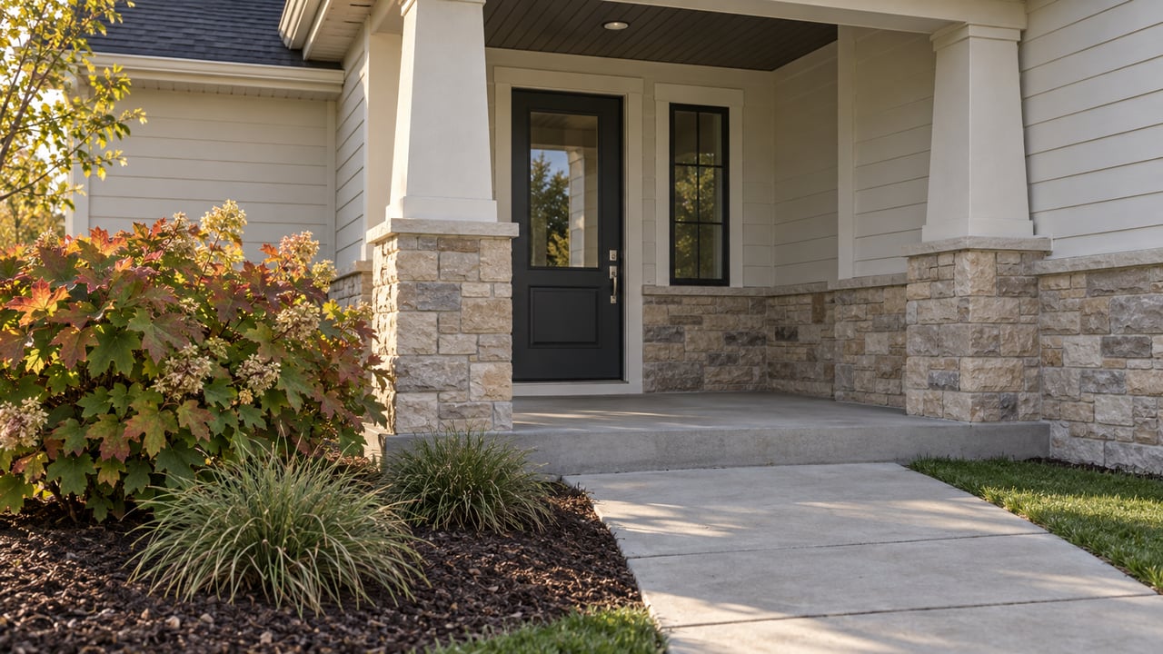 Recessed porch with charcoal glazed door, stone piers, and russet hydrangea beside a concrete walk.
