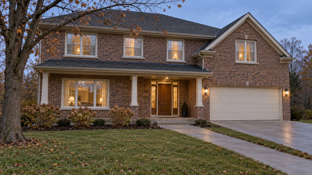A two-story brick home with softly lit windows, a broad autumn lawn and a nearly bare maple at blue hour.