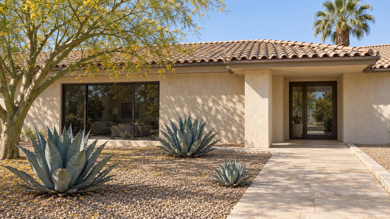 Sunlit single-story stucco home with clay roof tiles, bronze-framed windows and a spacious stone garden planted with a branching green-trunked tree, a palm and three agaves.