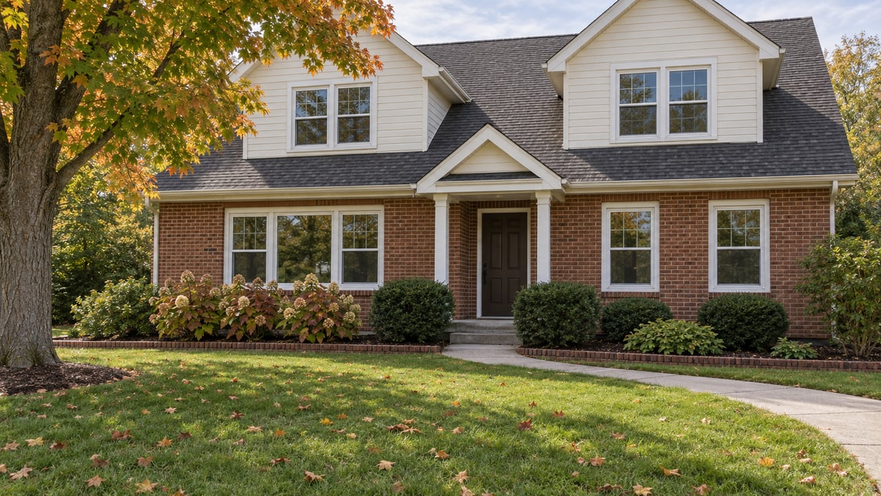 Brick-and-cream-sided home behind a broad autumn lawn, with an amber maple and curved concrete front walk.