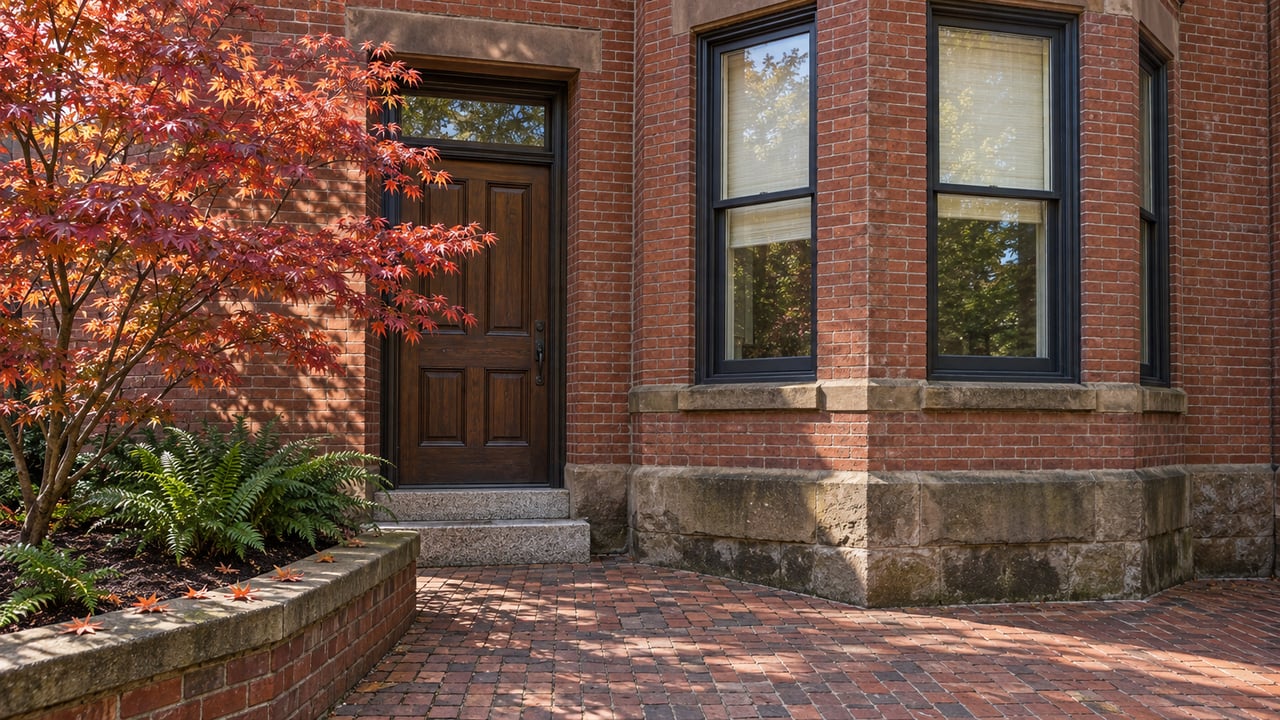 Autumn daylight on a red-brick home with dark-framed bay windows, a closed oak entry door, and a copper-red Japanese maple beside a brick approach.