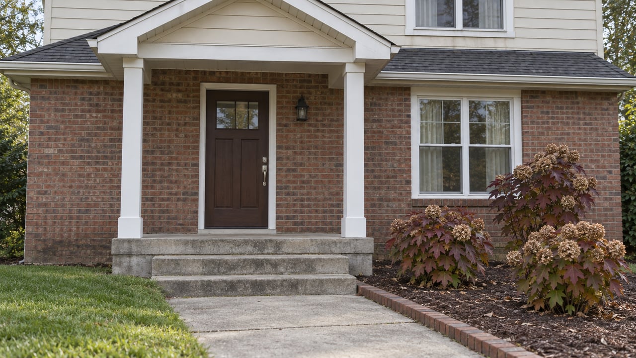 Brick and ivory-sided house entrance with concrete steps, a broad lawn edge and burgundy oakleaf hydrangeas in autumn.