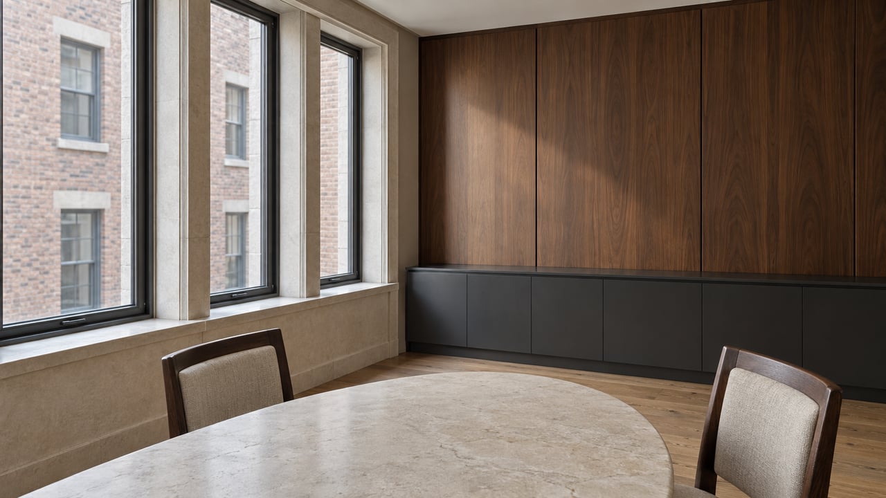 A condominium dining area with tall charcoal-framed windows, walnut panels, dark cabinetry, and a pale limestone table beside two oak chairs.