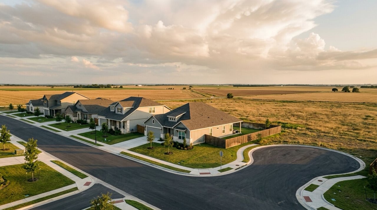 New homes at the edge of open farmland east of Austin, the kind of growth buyers see when moving to Hutto, TX