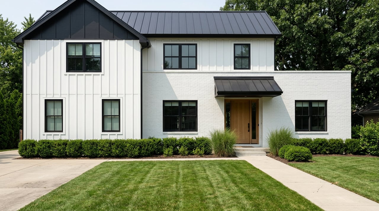 Modern farmhouse with white brick and board-and-batten siding, black awning, oak door, and clipped foundation hedges.