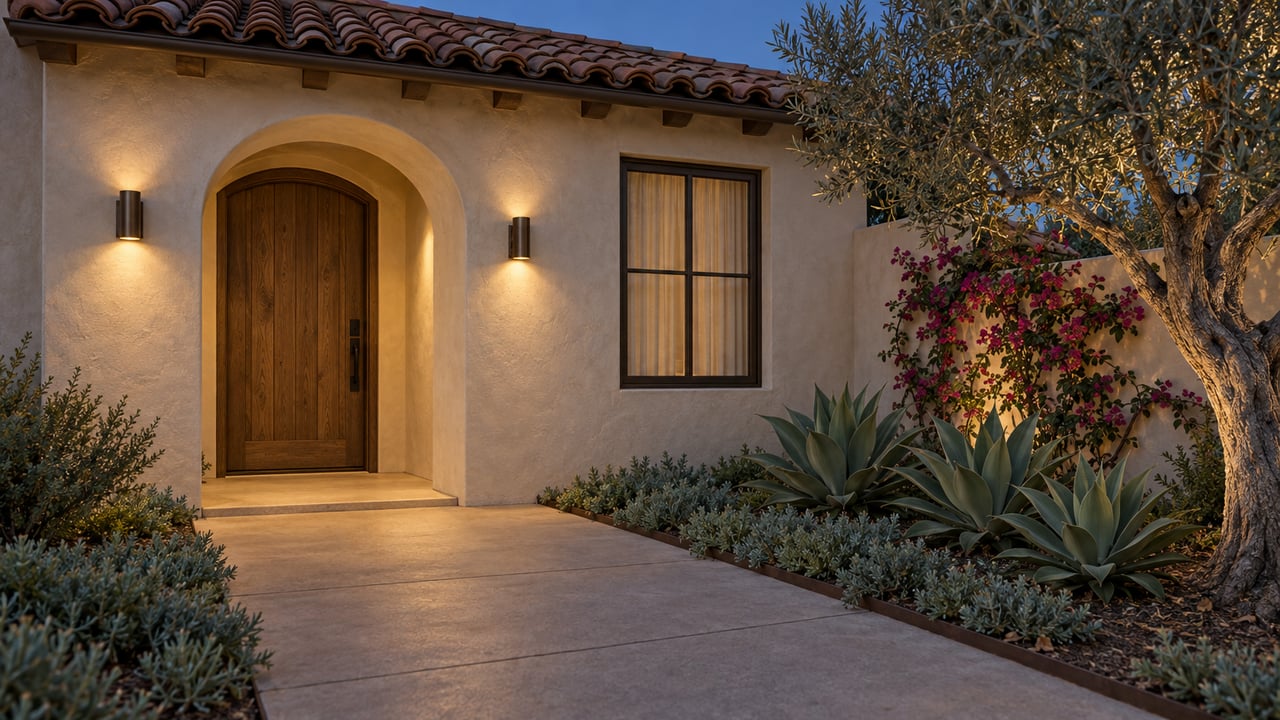 Stucco home entrance with an arched oak door, glowing bronze sconces, and an olive tree in the planting bed.