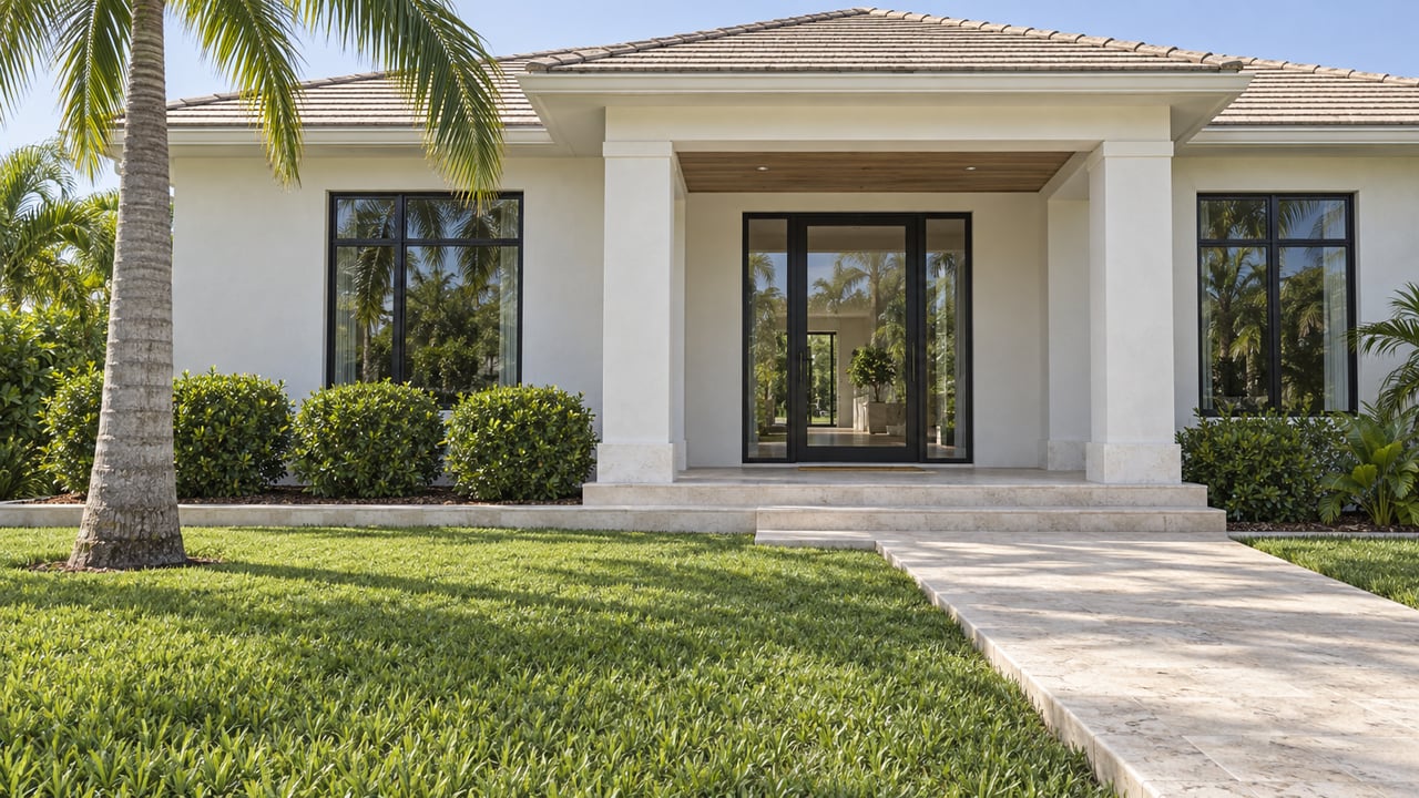 White stucco home with a pale tiled roof, black-framed windows, limestone approach and royal palm beside a deep green lawn.