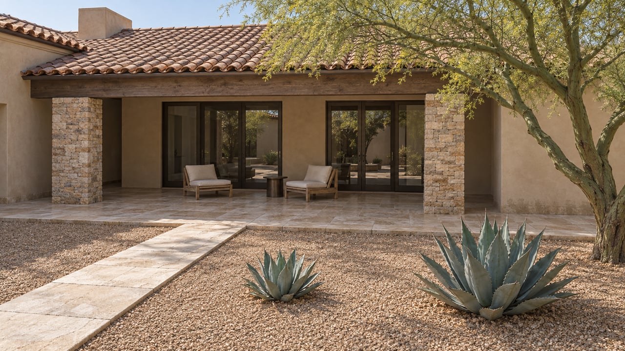 Elevated view of a desert home's stone terrace, clay-tile roof and gravel courtyard with a green-trunked tree and two agaves.