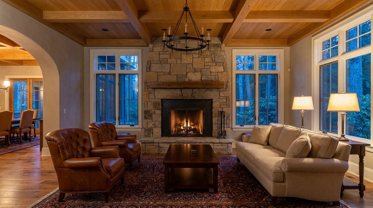 Stone fireplace beneath exposed timber beams, with an arched passage and forest visible through flanking windows.