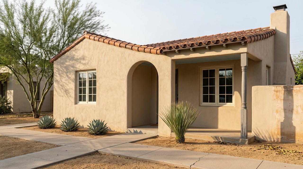 Sand-colored Spanish Revival cottage with an arched entry, terracotta roof tiles, and agaves lining a narrow walkway.