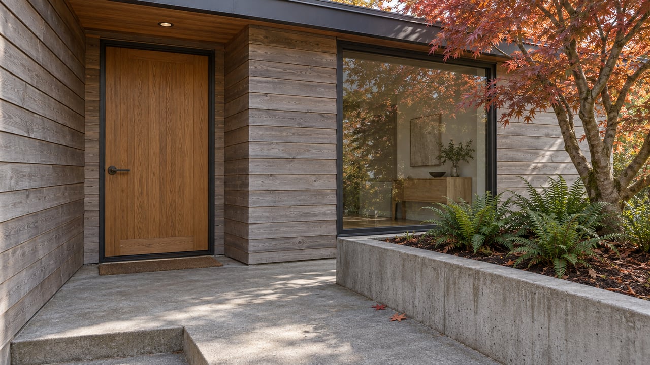 Modern home entry with a wood door, gray siding, and autumn foliage.
