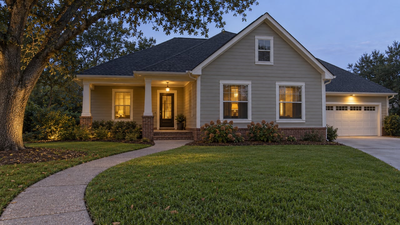 A gray gabled home with a brick-based porch, curving concrete walk, and broad front lawn in soft evening light.