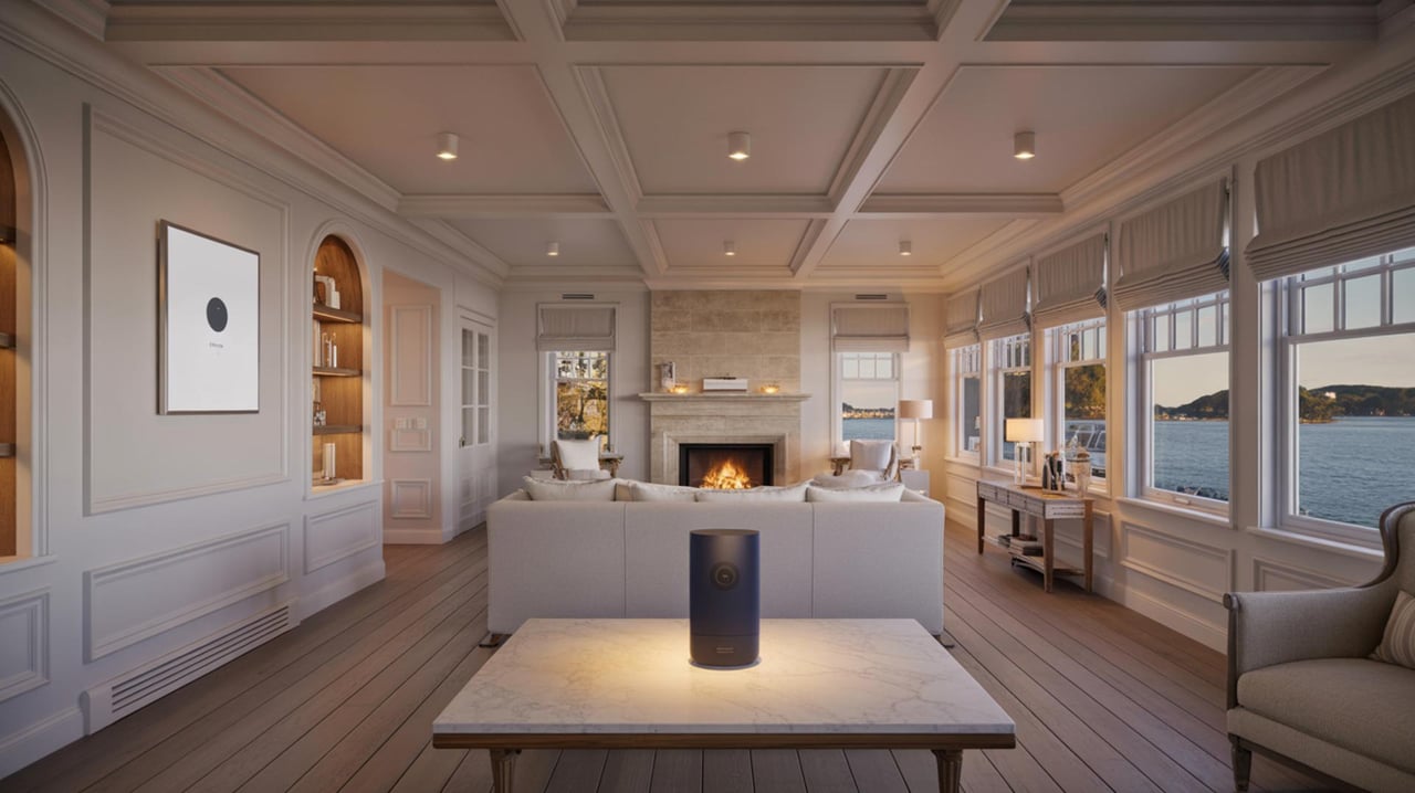 Elegant living room with a central fireplace, pale sofas, and tall windows overlooking the water.