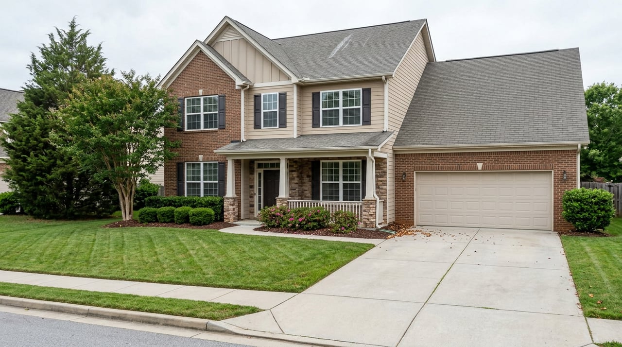 Two-story brick-and-beige-sided house with a covered porch, attached garage, and broad lawn.