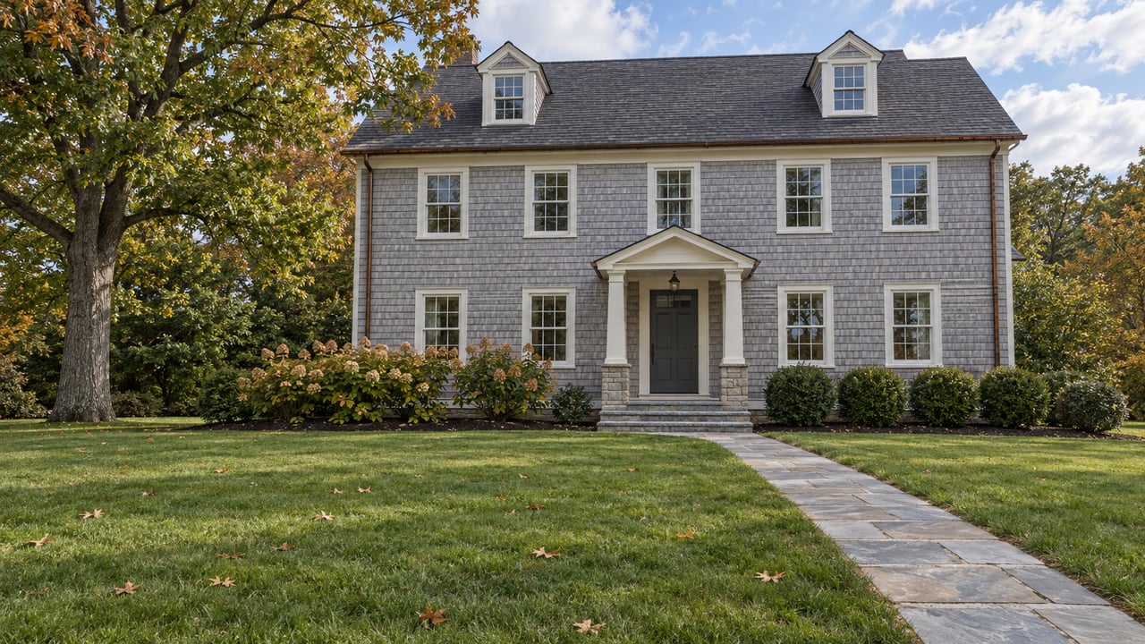 Cedar-shingle home with a columned entry, broad autumn lawn, bluestone walk and mature oak.