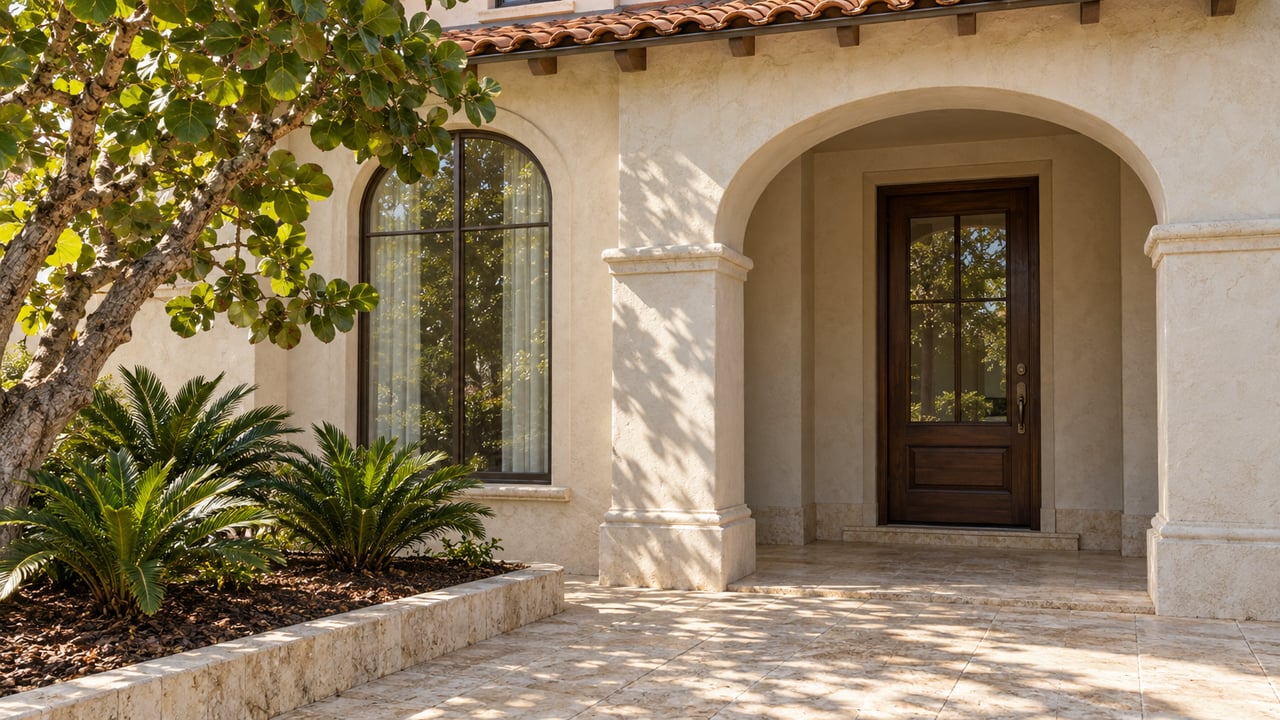 Ivory stucco house with a terracotta roof, recessed arched entry and limestone terrace bordered by sea grape and coontie planting.