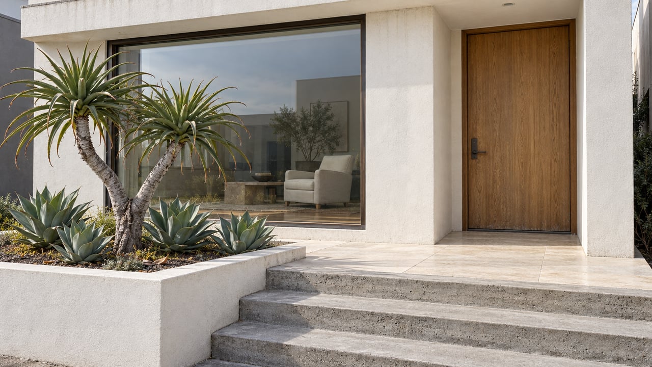 Modern white stucco home with bronze-framed glazing, an oak entry door, pale stone landing and sculptural aloe planting.