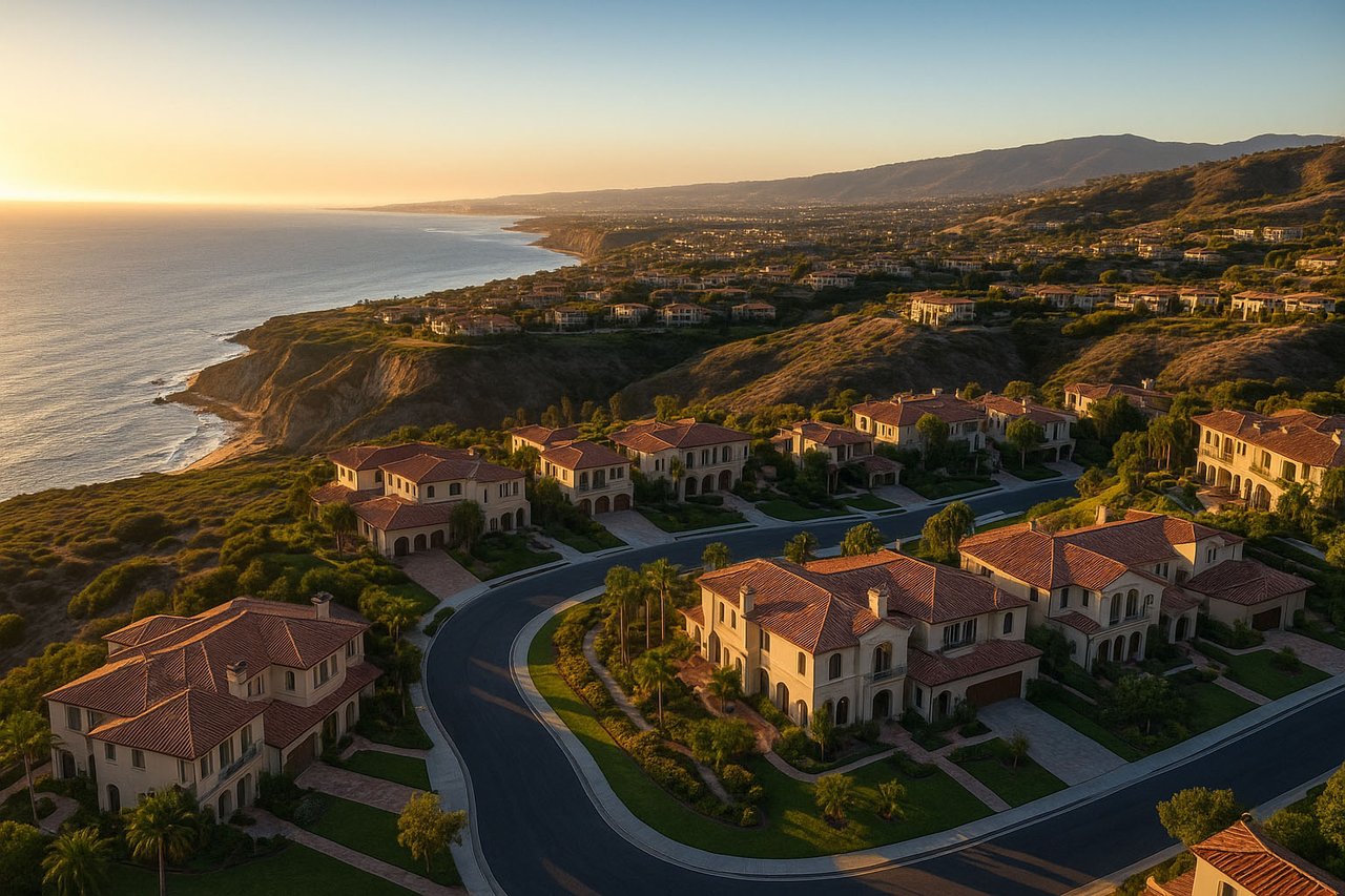 Aerial view of Newport Coast homes in Orange County, CA, showcasing luxury hillside estates with ocean views, palm trees, and resort-style neighborhoods.