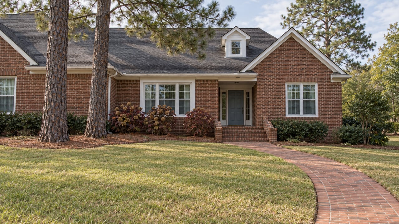 Traditional brick home with a blue-gray front door, a curved brick walk and a deep lawn beneath mature longleaf pines.