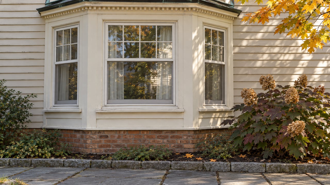 Ivory clapboard window bay above a weathered brick foundation, with autumn oakleaf hydrangea and a stone approach.