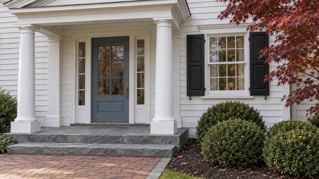 White clapboard home's covered entry with paired columns, blue-gray glazed door, bluestone steps, brick walk, and burgundy maple foliage.