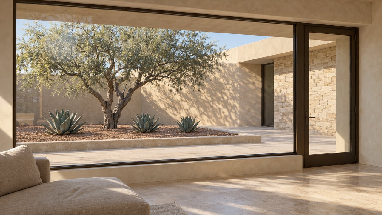 Limestone-floored living room with bronze-framed courtyard glazing, sand-colored stucco, an ironwood tree and three sculptural agaves.