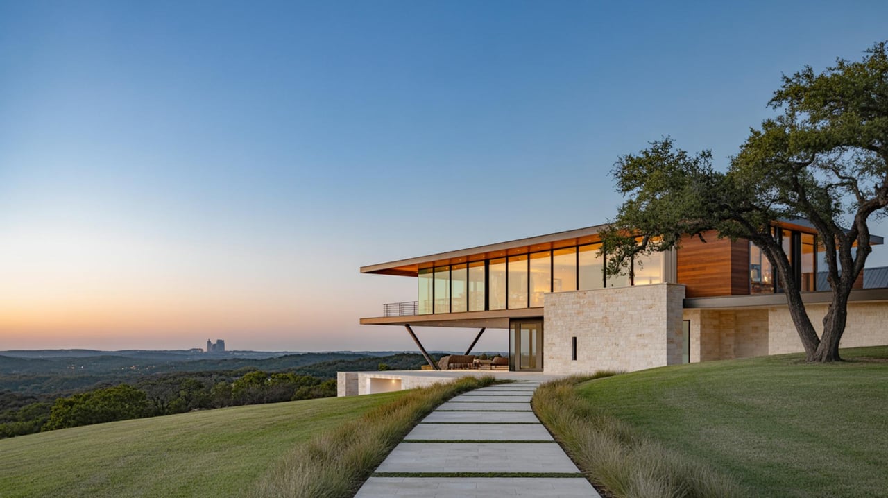Modern glass-and-stone house beside a tree, with a paved path across a grassy hill at sunset.