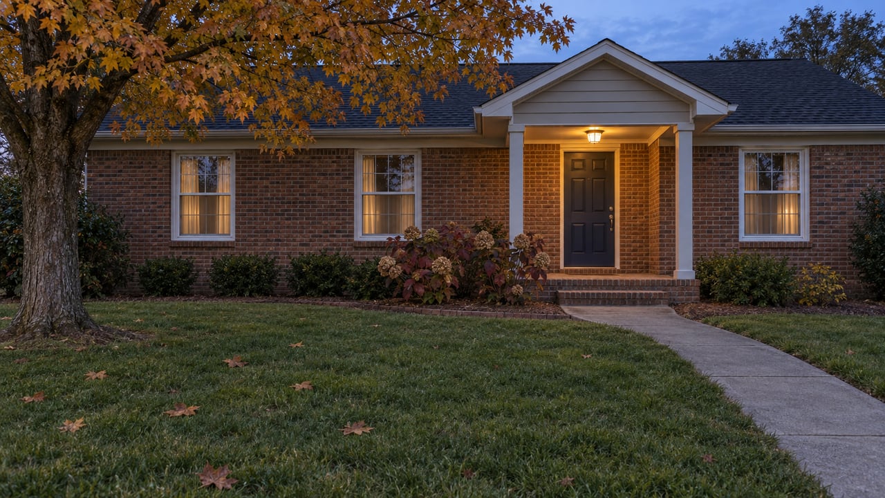 Brick single-story home at blue hour with a navy front door, warm porch light, deep front lawn and amber maple foliage.