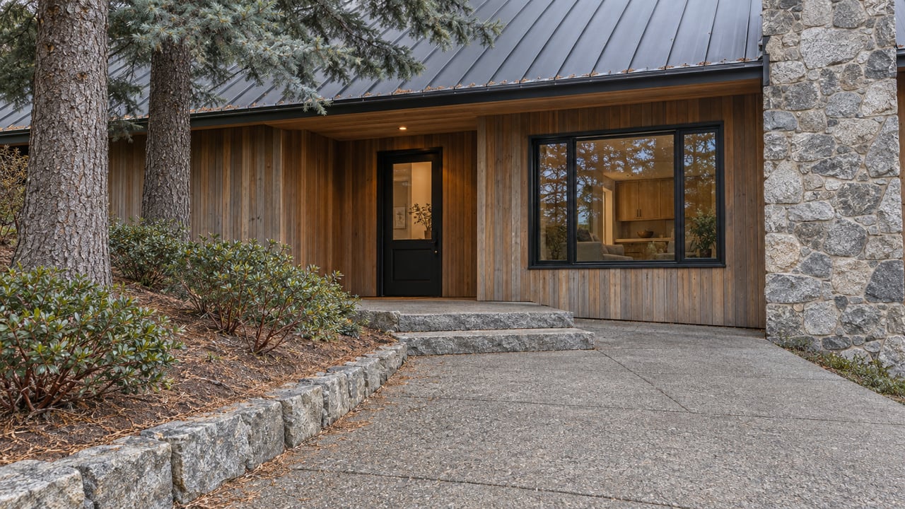 Cedar-sided woodland home with a granite chimney, black-framed windows and a stone-stepped approach beneath a steep metal roof.