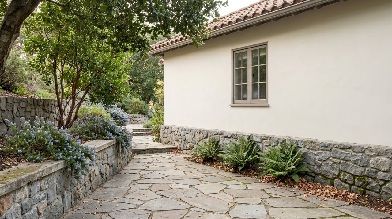 Flagstone path climbs beside a stucco hillside home, past a rubble-stone foundation, retaining wall, ferns, and casement window.
