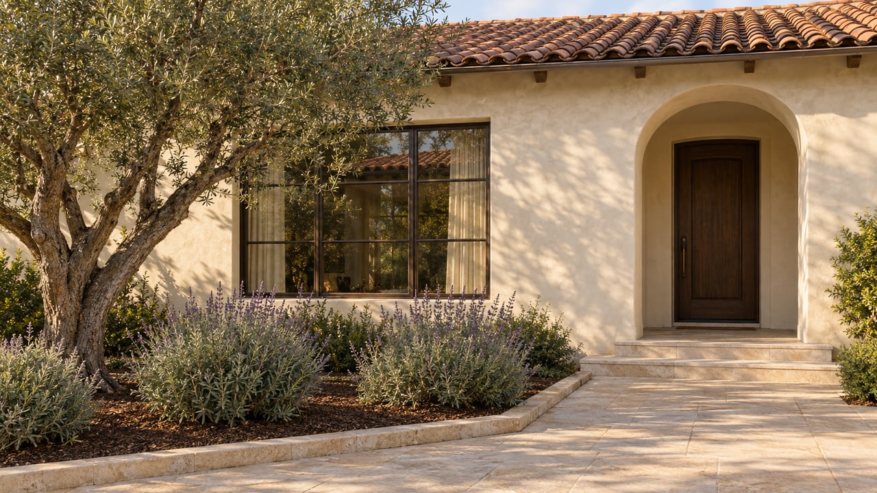 Warm plaster villa entrance with clay roof tiles, a recessed oak door, limestone steps and a mature olive tree.