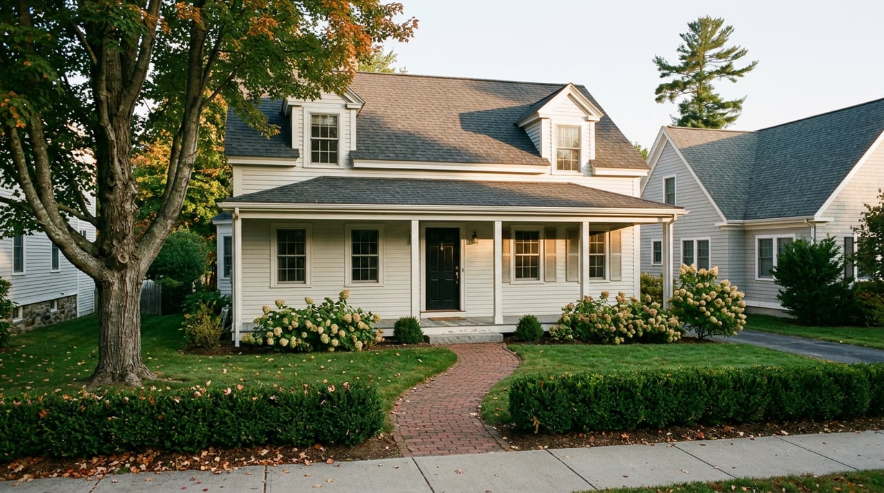Two-story clapboard home with porch and dormers, brick walk, neighboring roof, and conifer rising behind.