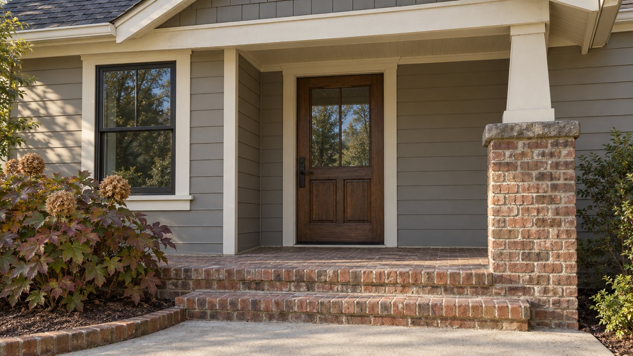 A stained wood front door beneath a gabled porch, with gray lap siding, russet brick steps, and oakleaf hydrangea foliage.