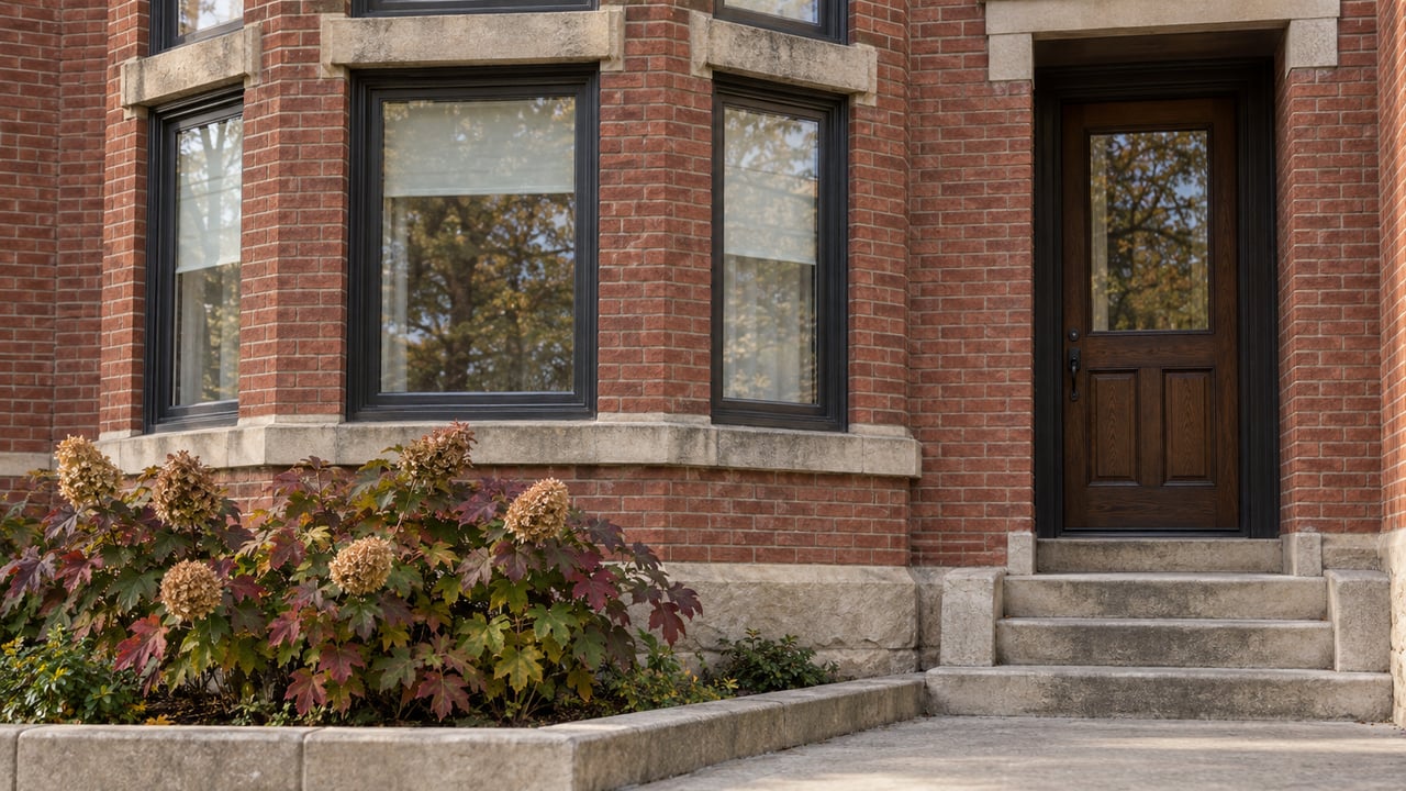 Red brick residential bay windows and a recessed oak entrance above worn limestone steps, with autumn oakleaf hydrangea beside the facade.