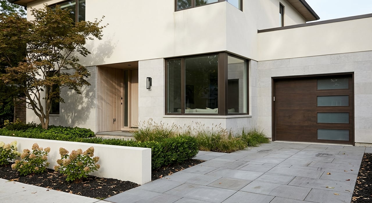 Stucco house with limestone panels, cedar slats, dark-framed windows, and a paver driveway.