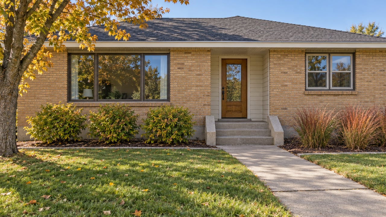 Older buff-brick home with a recessed oak entry, autumn planting and a concrete front approach.