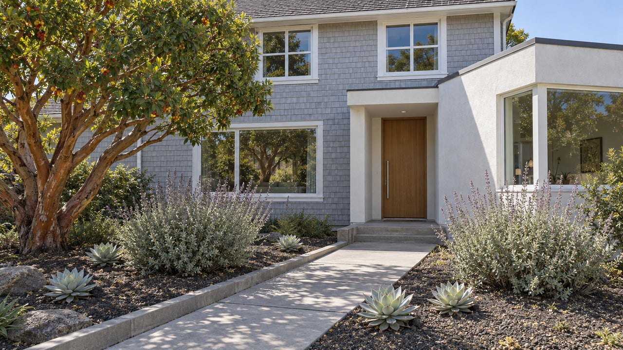 Sunlit gray-shingle home with a white stucco addition, warm wood entry door, and a sculptural tree beside a concrete garden approach.