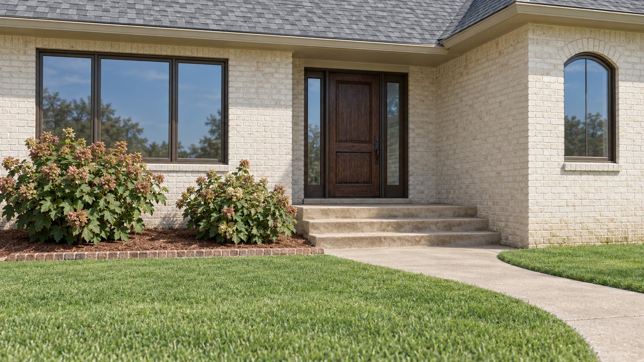 Ivory-painted brick home with a dark wood entry, gray roof, curved concrete walk and oakleaf hydrangeas beside an established lawn.
